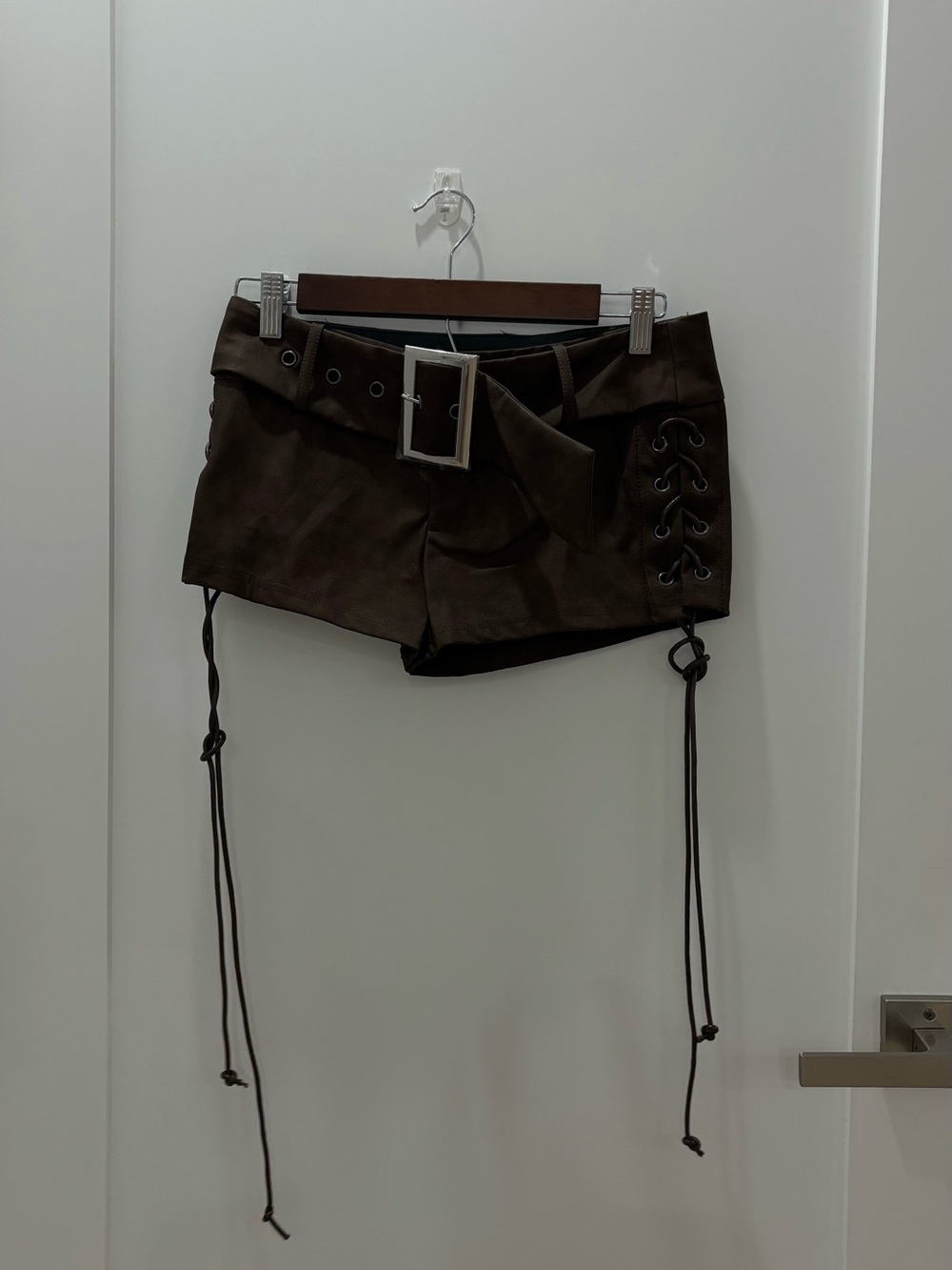 SHEIN Dark Brown High-Waist Lace-Up Mini Shorts with Belt
